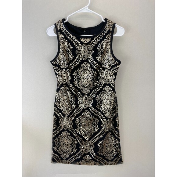 Ronni Nicole Women’s Shift Dress Sequin Sleeveless Size 6P Cocktail Black‎ Gold - Picture 1 of 8